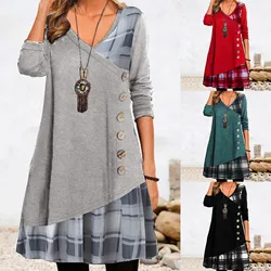 Casual Plaid Spliced Dresses for Women Fashion Autumn Winter Female Vintage Button Long Sleeve Loose V-Neck Patchwork Dresse