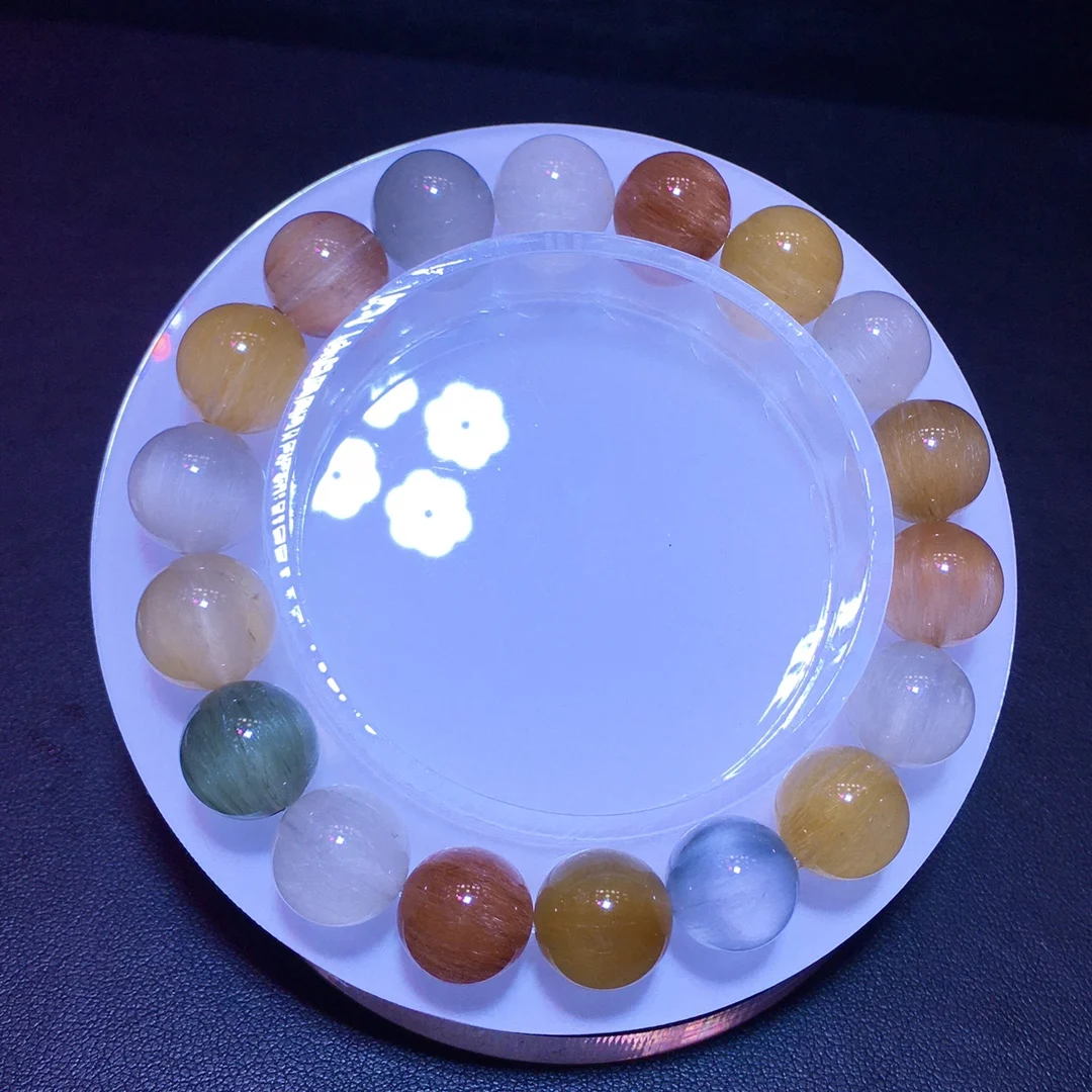 Natural Colorful Rabbit Rutilated Quartz Bracelet 10.7mm Rare Rutilated Clear Round Women Bracelet AAAAAAnbow