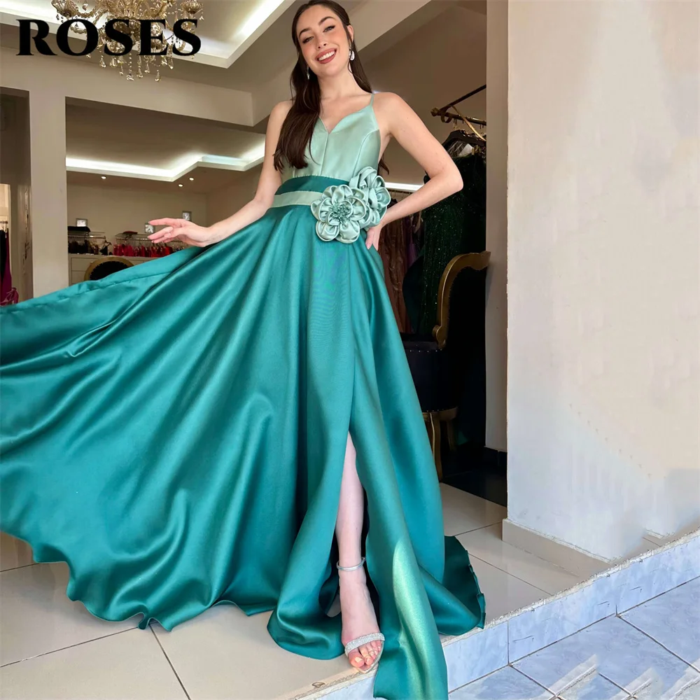 

ROSES Бирюзово-зеленое вечернее платье на тонких бретельках с открытой спиной Вечернее платье Цветочные вечерние платья с высоким разрезом по индивидуальному заказу