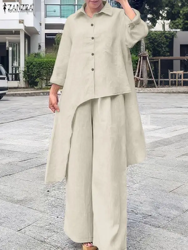 ZANZEA Stijlvolle 2-delige broeksets Dames Asymmetrische zoom Lange shirts en wijde pijpen Broek Past Outfits Effen kleur Woon-werkkleding