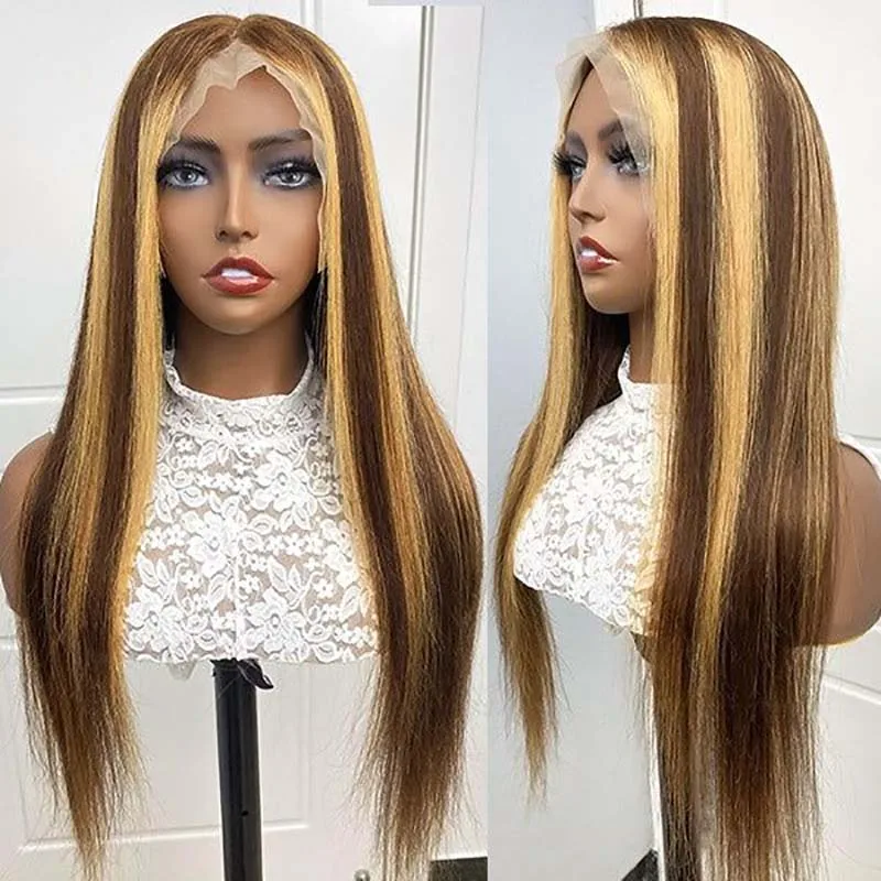 Straight Highlight Cabelo Frontal Lace Wig, Pré Arrastado Cabelo Humano Brasileiro, 28 ", 13x4, 13x6, na Liquidação