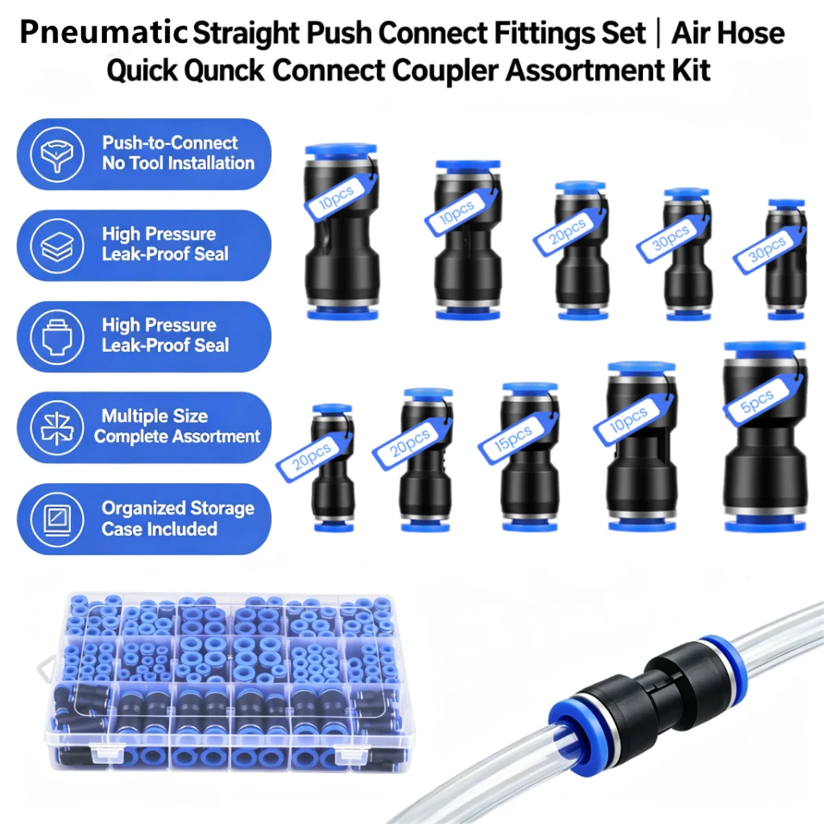 

170Pcs Pneumatic Fitting Air Connector Tube Quick Fittings Pipe Water Push In Hose 4mm 6mm 8mm 10mm 12mm PU Plastic Connectors