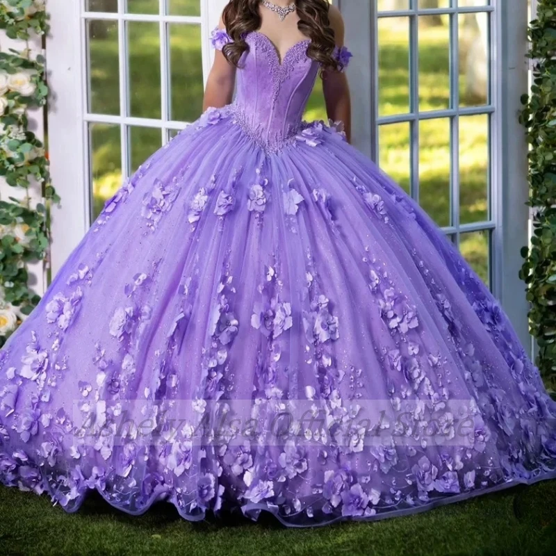 

Принцесса Фиолетовый 3D Цветок Quinceanera Платья с открытыми плечами Кристалл Корсет Vestidos De 15 Años Sweet 16, праздничное платье для выпускного вечера для девочек