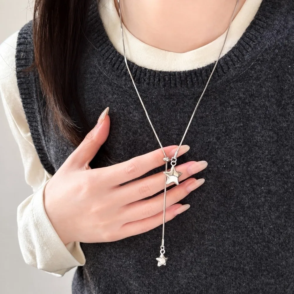 Fashion Silver Star Pendant Long Length Asymmetrical Design Sweater Chain Pendant Style Tassel Detail Snake Chain Unisex