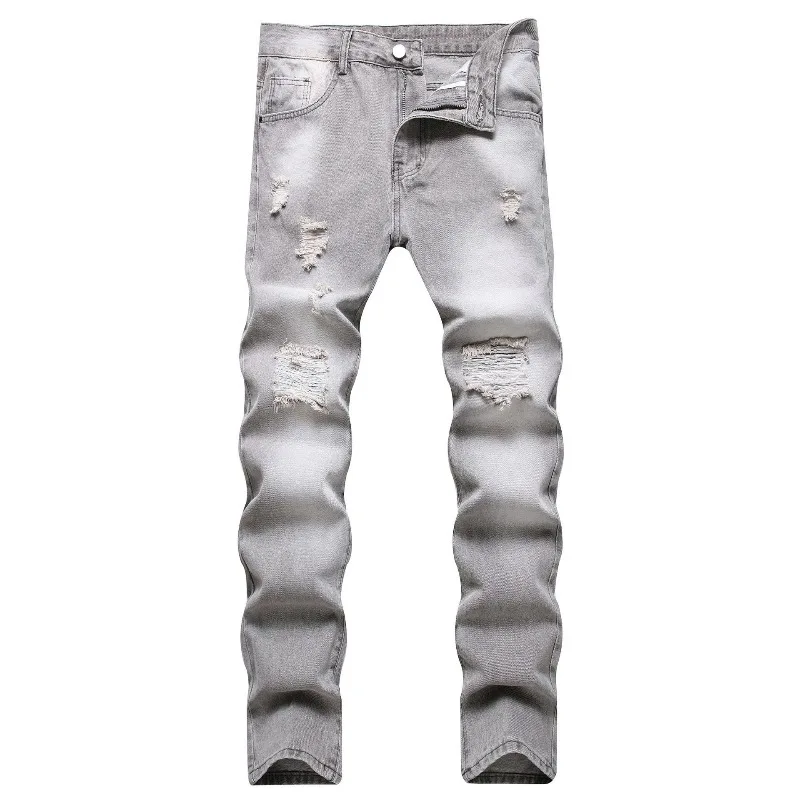 

KEXU Export New Gray Non-Stretch Slim Straight Ripped Jeans Young Men Casual Distressed Long Denim Pants