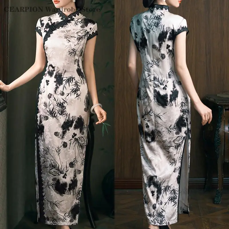 

Роскошное шелковое платье-ципао в стиле ретро с росписью тушью, элегантное, высококачественное, для модных показов, длинное, в китайском традиционном стиле