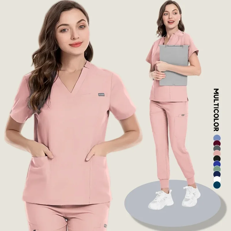 الدعك موحدة دعوى قصيرة الأكمام بلوزات على شكل حرف v + بنطال رياضي مجموعة التمريض موحدة النساء متعدد الألوان الحيوانات الأليفة طبيب فرك ملابس العمل الطبية
