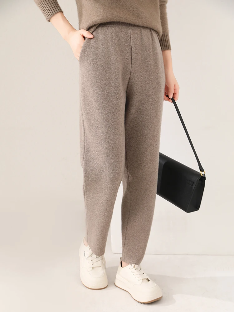 Women's Wool Pencil Pants Autumn Winter Office Lady Style Threaded Elastic Waist Trousers 100% Merino Wool Knitted Thicken Pants