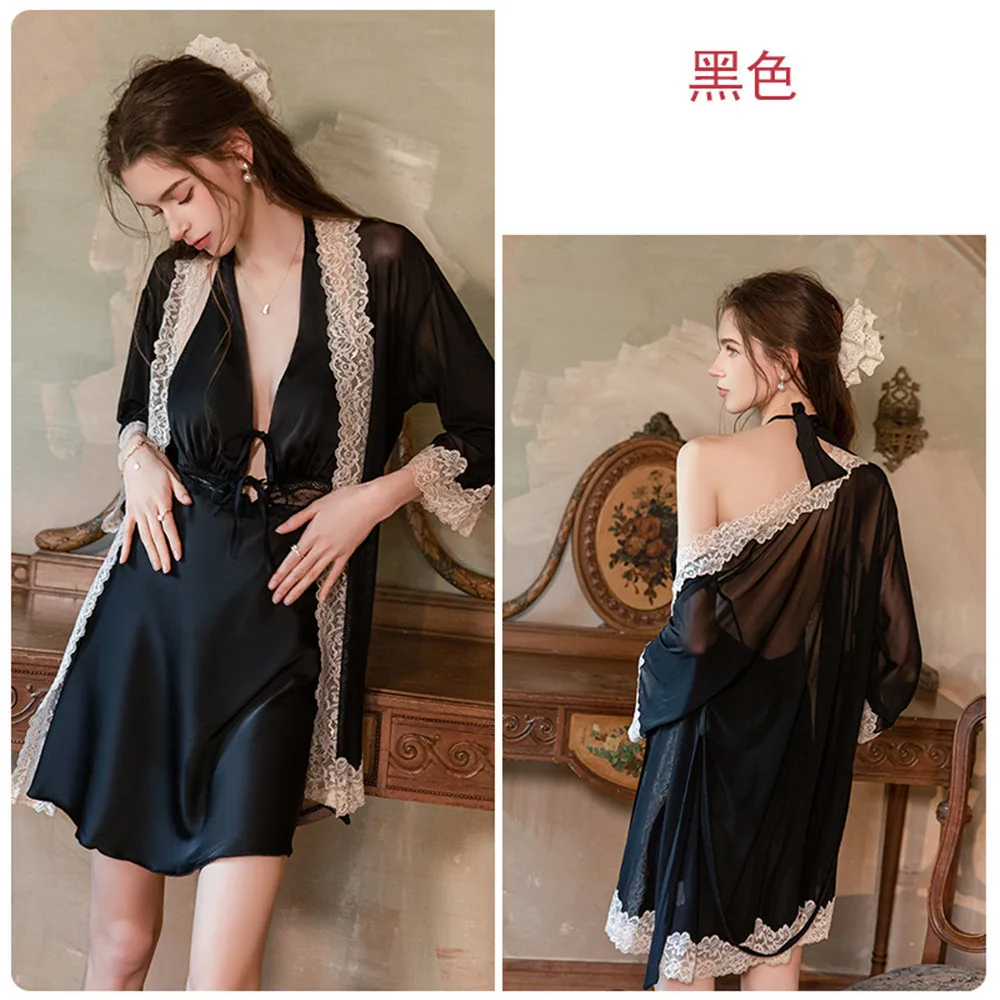 Twinset Robe Set Summer Female Sleepwear Loungewear Sexy Lace Bathrobe Suspender Nightgown Homewear 5