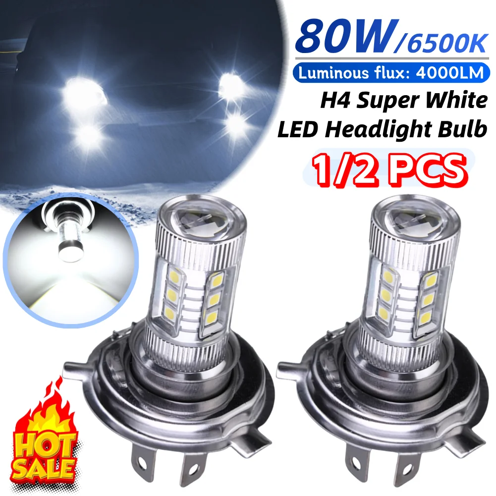 H4 Super White LED Headlight Bulb 80W 12V 4000LM 6000-6500K High Low Beam IP67 Waterproof Car Fog Light Bulb Auto Headlight