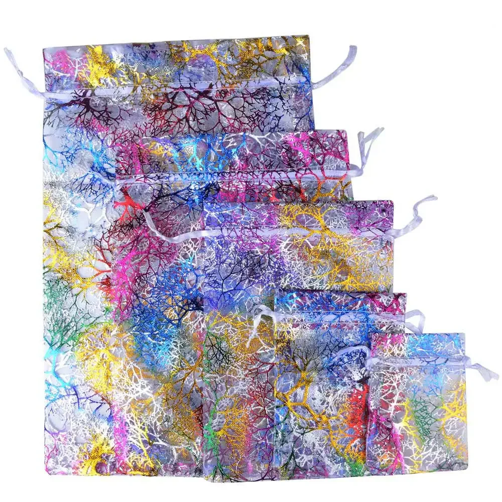 

50 шт./лот, 7x9 см, 9x12 см, 10x15 см, 13x18 см, красочные сумки из органзы, подарочные пакеты, упаковочные сумки для ювелирных изделий, свадебные мешочки на шнурке