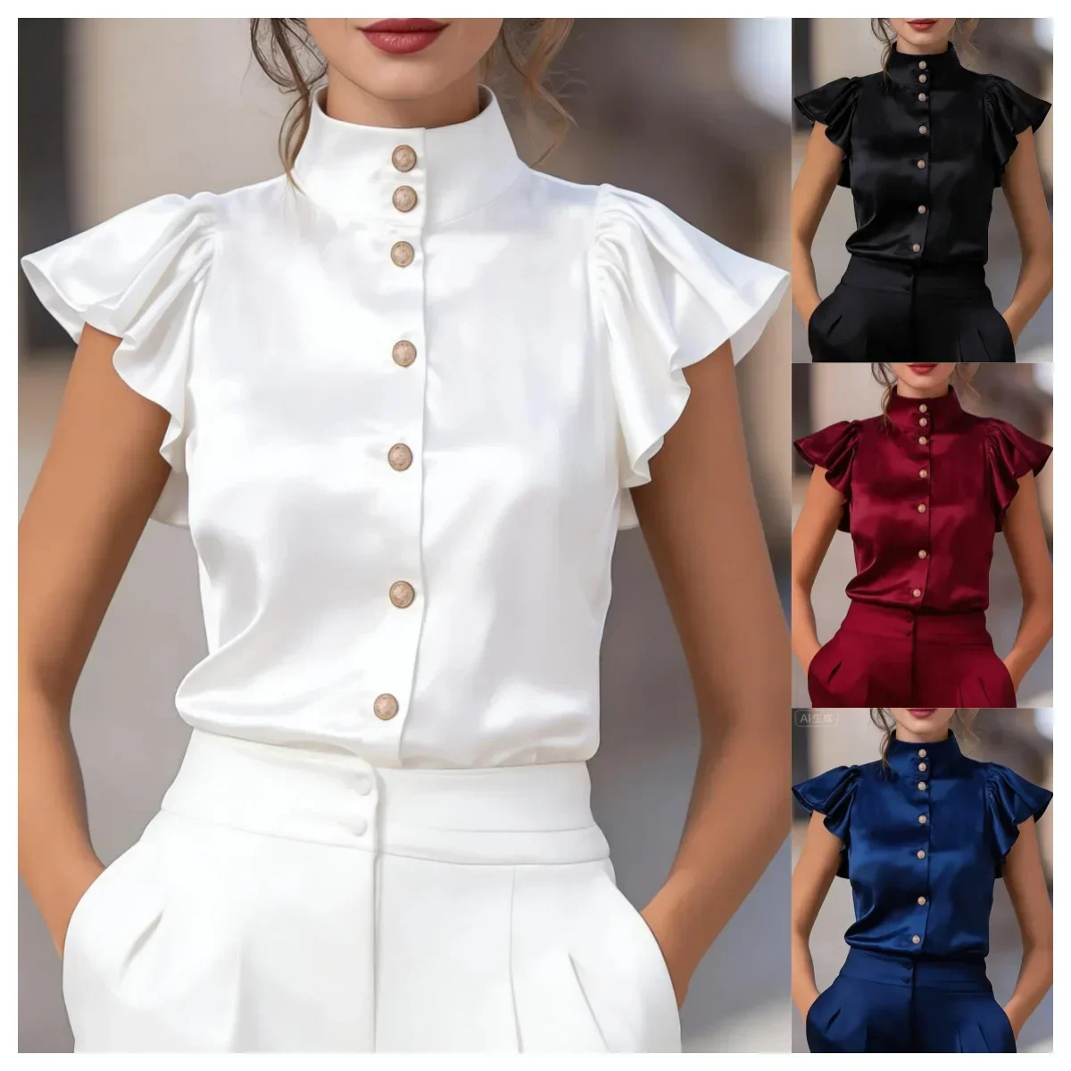 Damen-Satinbluse mit Stehkragen, Rüschenärmeln, dekorativen Knöpfen vorne, elegantes Oberteil für Büro und Pendler. – Detail 2