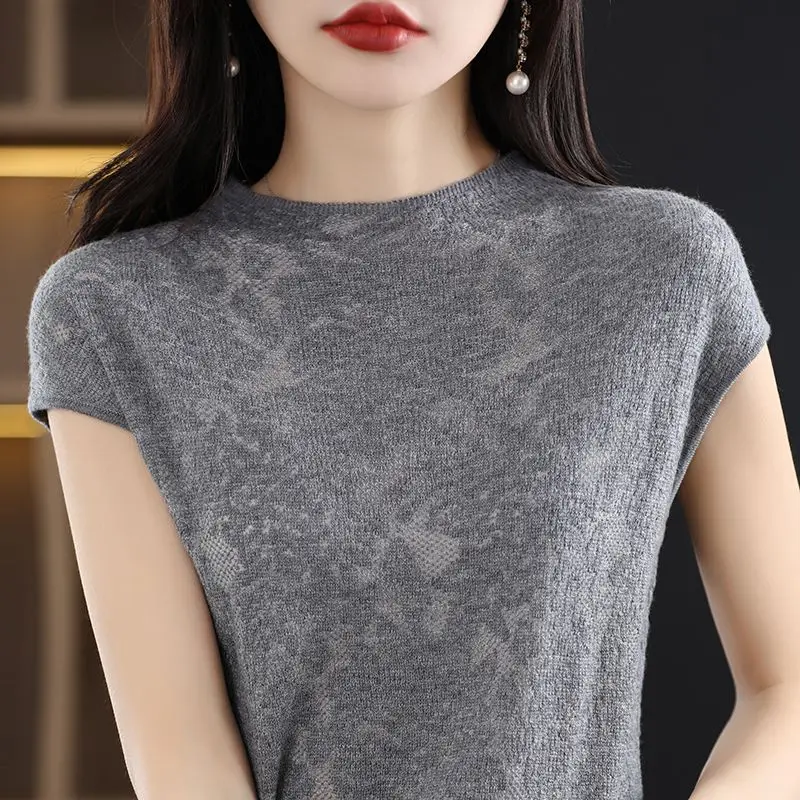 Spring and Summer Women\'s 2024 Pullover Round Neck Spliced Hollow Hook Lace Versatile Fashion Elegant Slim Fit Short Sleeve Tops