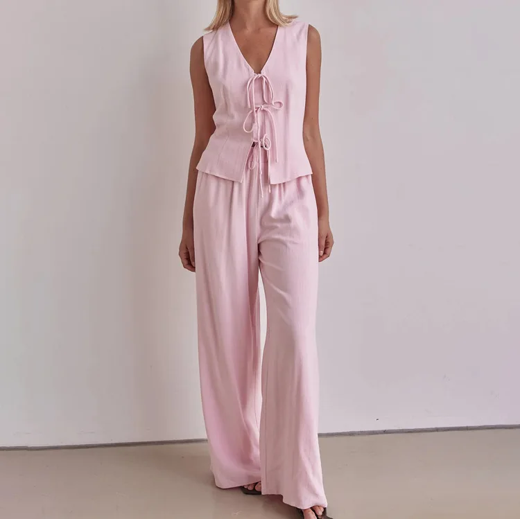 

Pink Casual Wide Leg Pants Sets Women Summer V Neck Lace-up Sleeveless Vest Simple Fashion High Waist Loose Trouser 2 Piece Set
