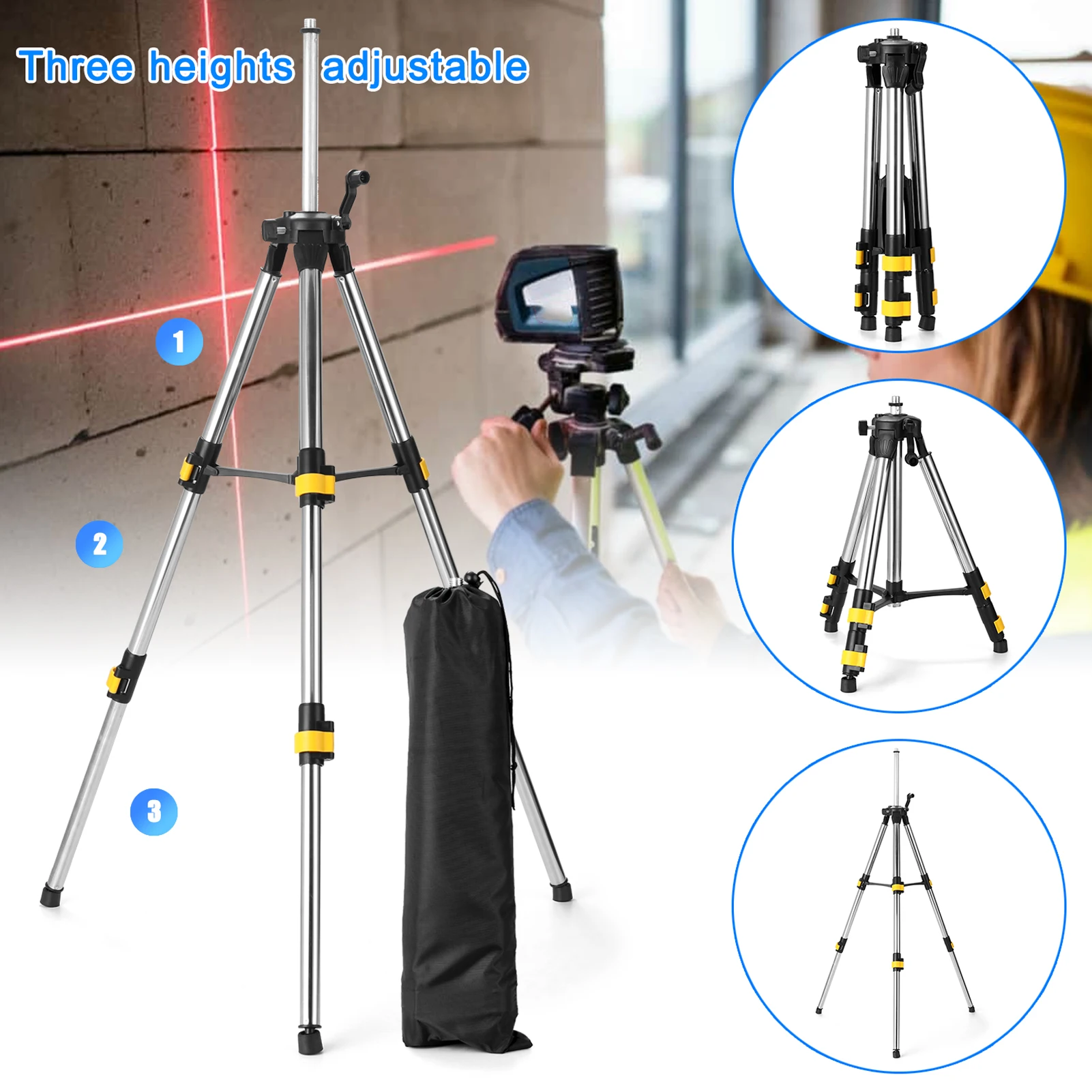 1.2M Stainless Steel Extension Bar Tripod Stand for Laser Level with 5/8inch to 1/4inch Adapter Three Height Adjustment Holder