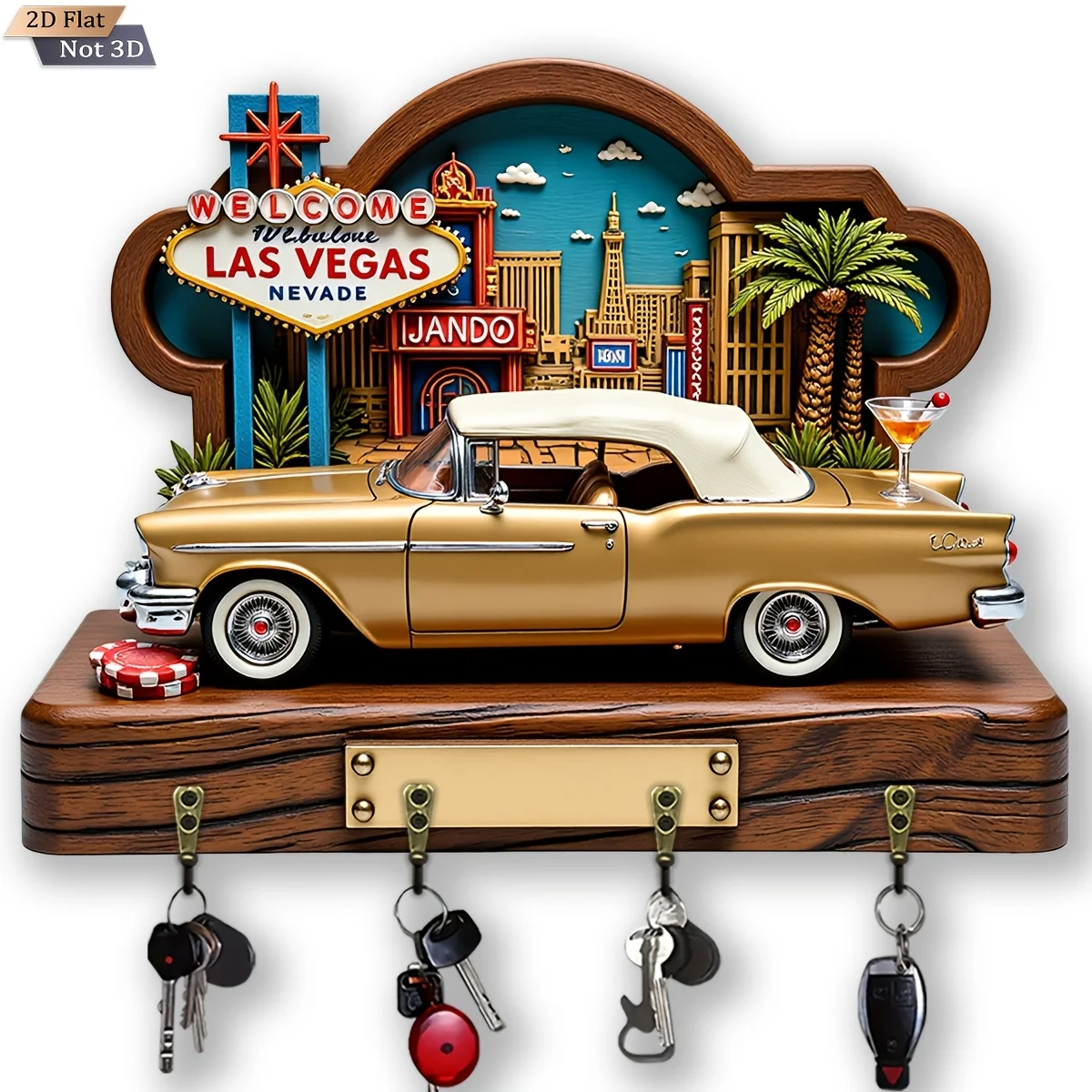 2D Flat, 1pc, Las Vegas Theme Key Hook Wooden Multifunctional Home Key Holder with 4 Metal Hooks, Wall Decoration, Porch