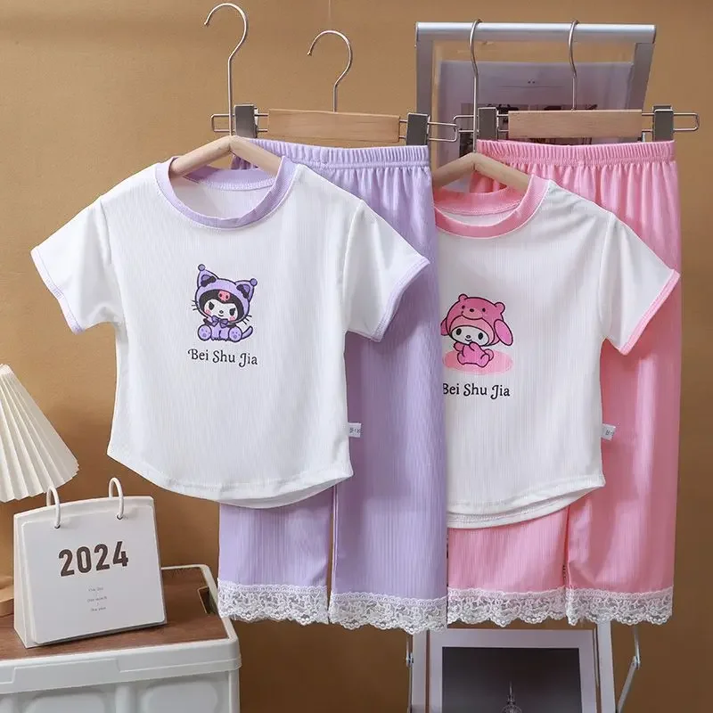 Sanrio T-Shirt Set Ice Silk Summer Wear Child Girl My Melody Short Sleeve Pajamas Kawaii Anime Figuret Cinnamoroll Thin Cartoon