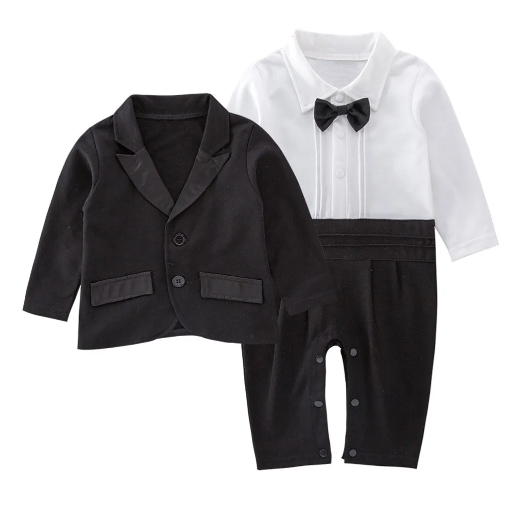 

2Pcs/Set Black Tuxedo Gentleman Boss Baby Clothes Two-Piece Outfit Bow Tie Toddler Romper Bodysuit Outerwear Set Romper Bodysuit