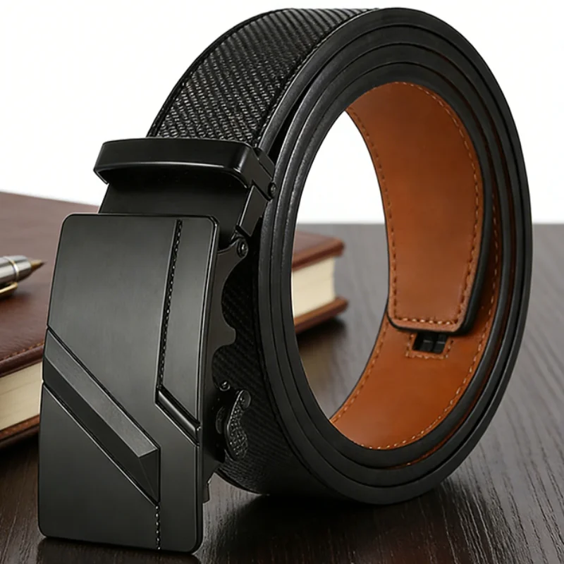 Men's Leather Waistband Multiple Automatic Available Male Belt Carbon Fiber Texture Two-Layer Cowhide Belts for Men Alloy Buckle