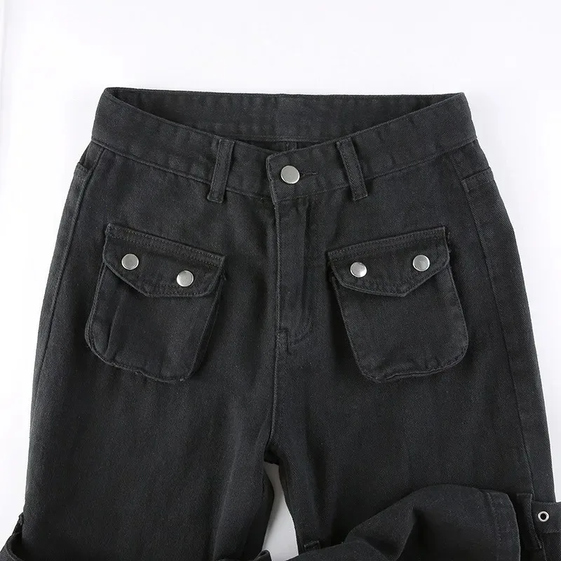 Metal Button High Waisted Straight Leg Jeans Drop Crotch Trousers Streetwear Hip Hop Fashion Y2K Cargo Denim Pants for Women