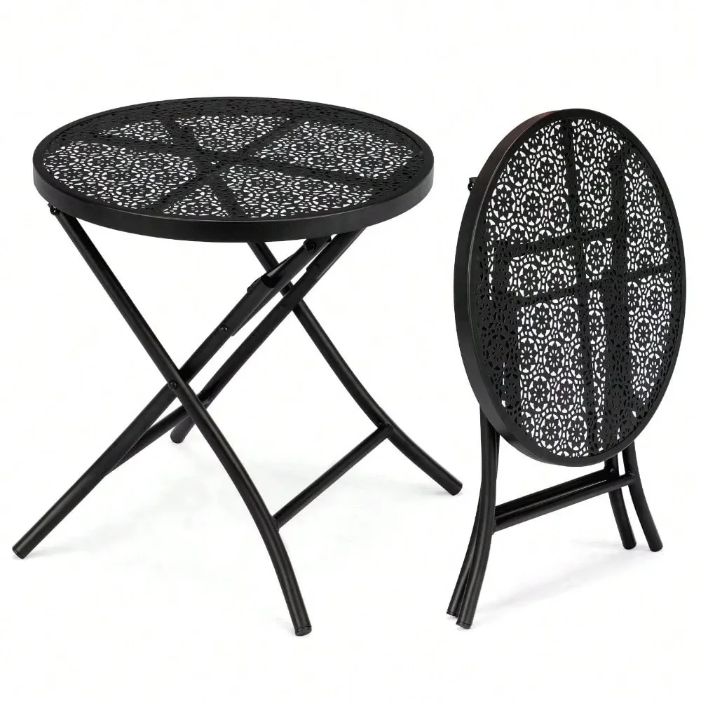 

Inch Folding Patio Side Table, Black Metal Steel Round Coffee Table With Flower Cutouts, WeatherResistant, Easy To Fold Store,