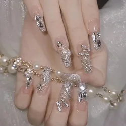 24pcs Long Ballet False Nails with Silver Diamond Butterfly Decor Luxury Bride's Fake Nails Press On Coffin Artificial Nail Tips