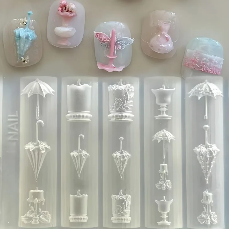 قالب أظافر من السيليكون الشفاف، قناع فستان رقص بمظلة من الدانتيل، مجوهرات أظافر ثلاثية الأبعاد، قالب أظافر فني ومبتكر