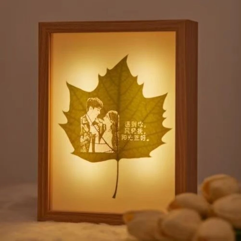 Sycamore leaf carving photo birthday gift creative customization rotating luminous photo frame art wall decoration