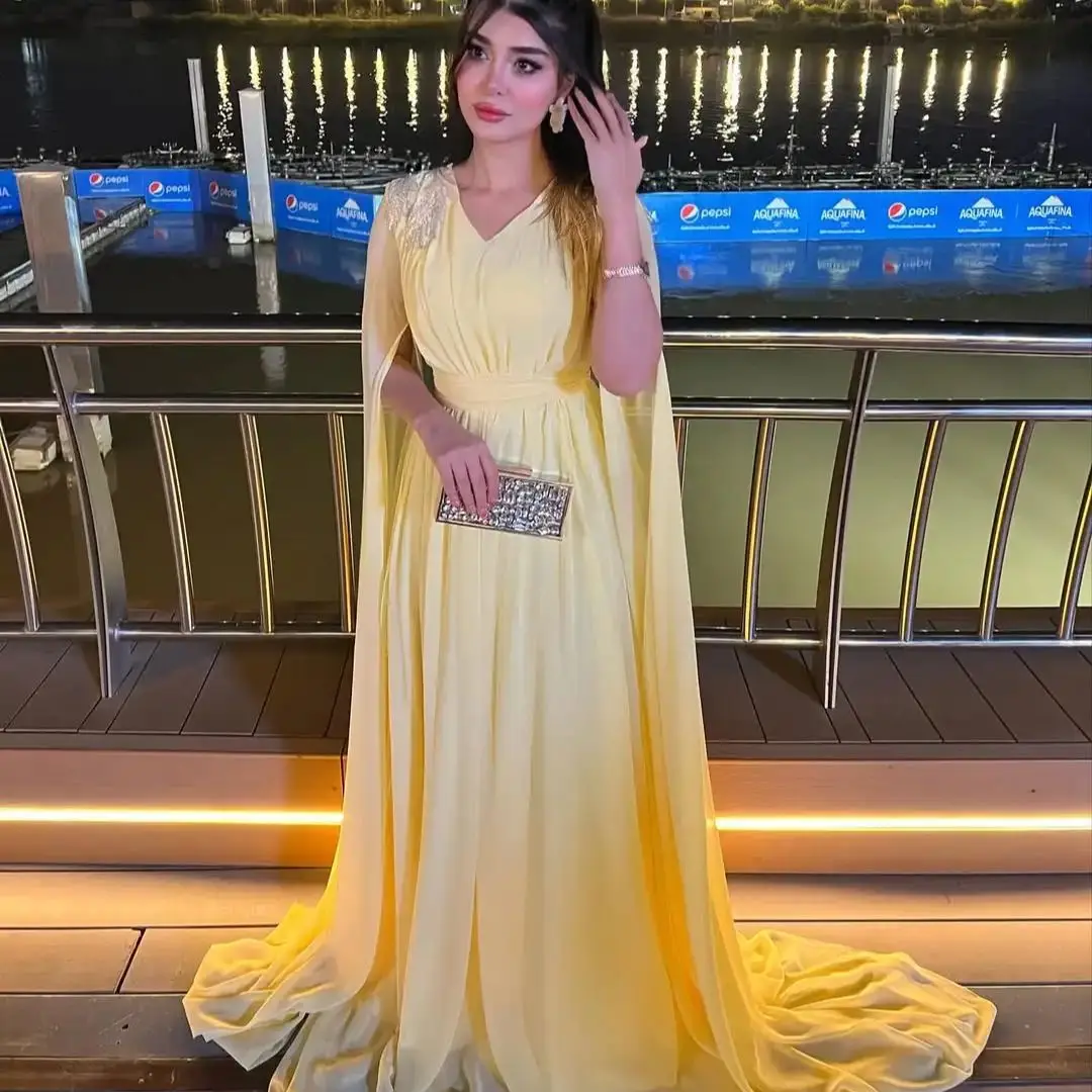 Aileen Yellow Customized Chiffon Shawl Serin Evening Dresses for Special Occasions Elegant Lady Dress Robe Soiree Party Women's