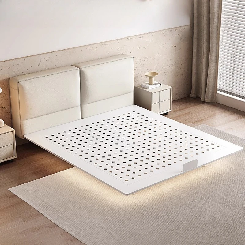 carbon steel floating bed frame, master bedroom small apartment, parallel double bed, cream-style steel frame bed