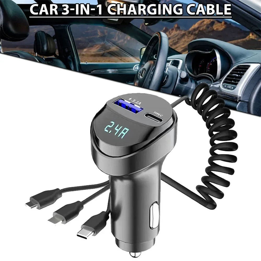 55W Car Charger 3 in 1 Retractable Cable 2 Ports Fast Charging with Voltage Display for iPhone Samsung Xiaomi Mobile Phones