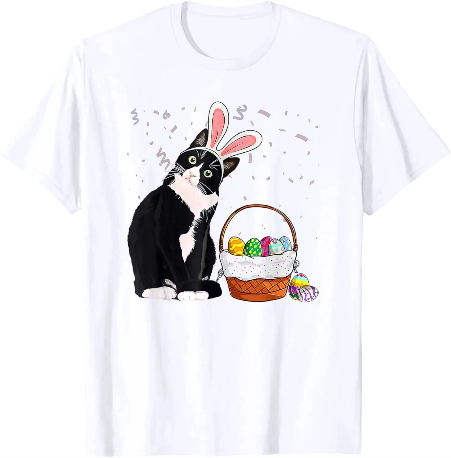 Cat Bunny Ears Easter Basket Graphic Shirts Casual Women Crewneck T-Shirt for Men Women Cute Cat Printed Tops Vintage Y2k Tee