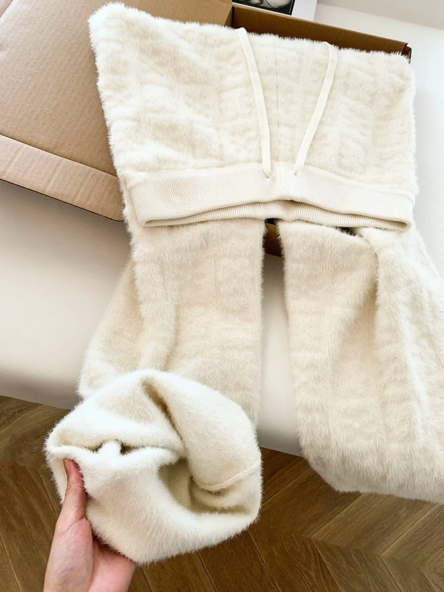 Pantalon chaud tricoté à jambes larges pour femme, vêtement d'extérieur d'hiver avec broderie en velours de vison, pantalon décontracté moelleux et Sli