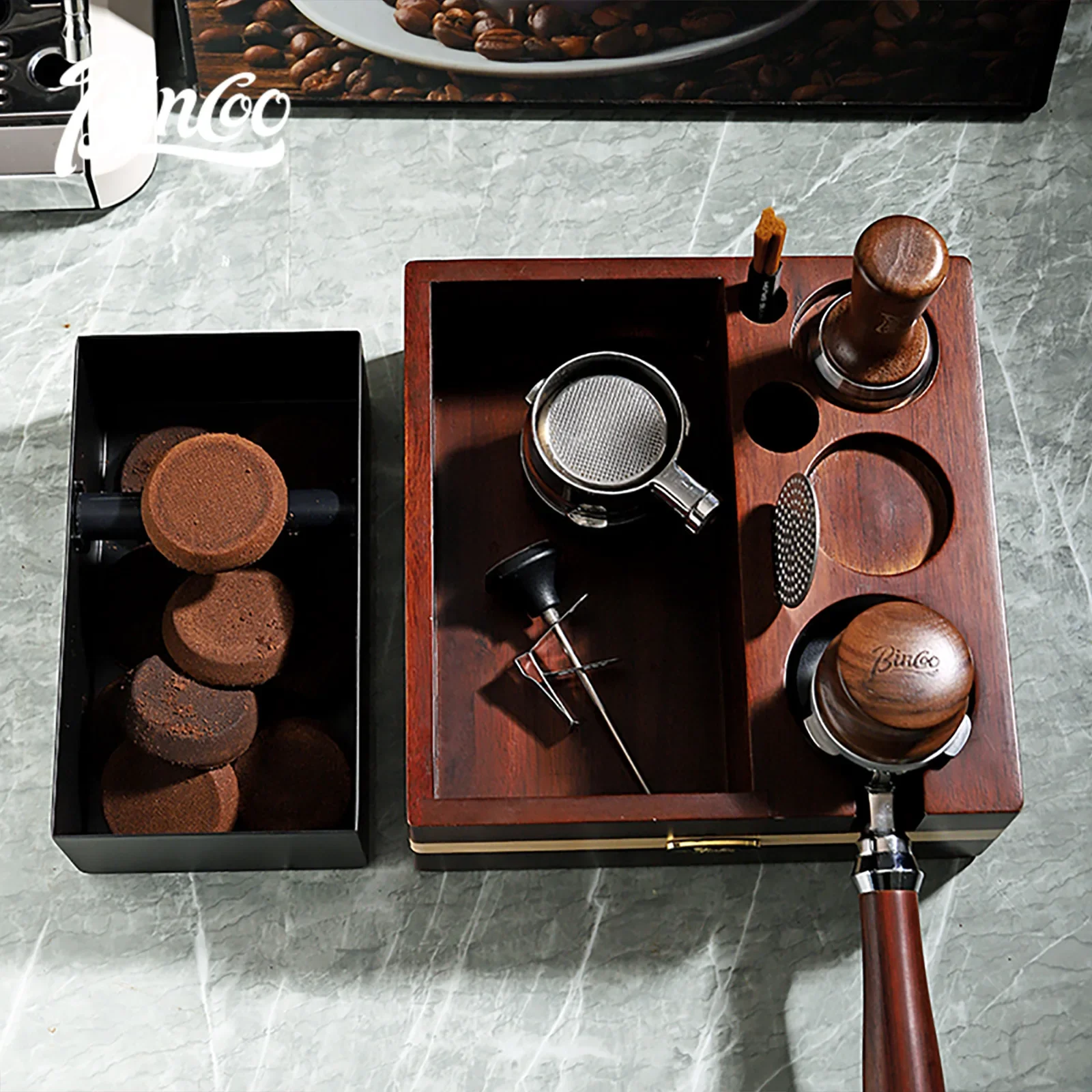 

Bincoo 51mm-58mm Wood Coffee Tamper Station With Knock Box Multifunctional Pressing Powder Base Espresso Distributor Tamper Mat
