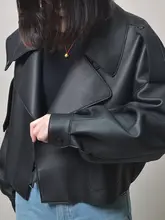 Women Black Short Leather Jacket Autumn Winter #2