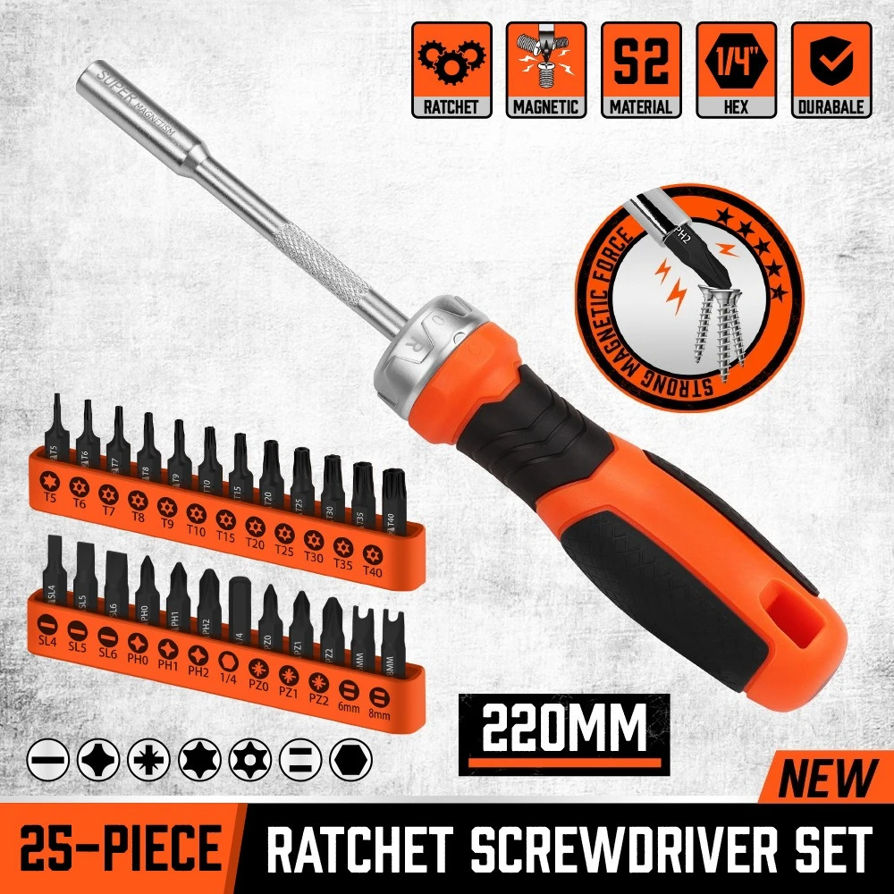 25Pcs Ratchet Screwdriver Set Magnetic S2 Steel Bits Multi-function Repair Hand Tools