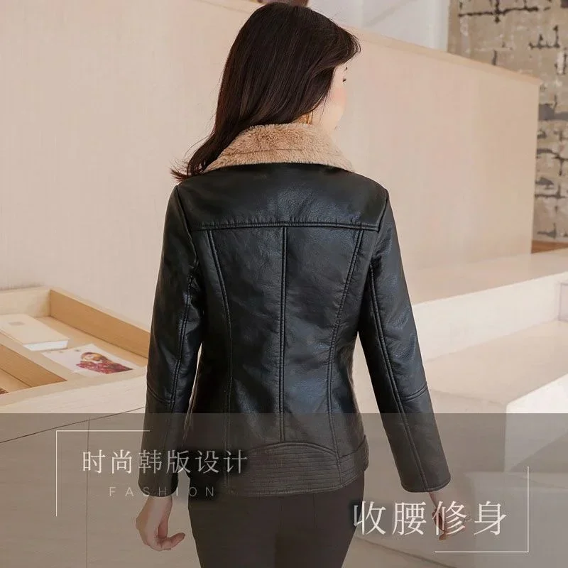 New Winter PU Leather Jacket Women Short Blazers Coat Fleece Double-faced Fur Leather Outerwear Lady Slim Suit Tops Jackets