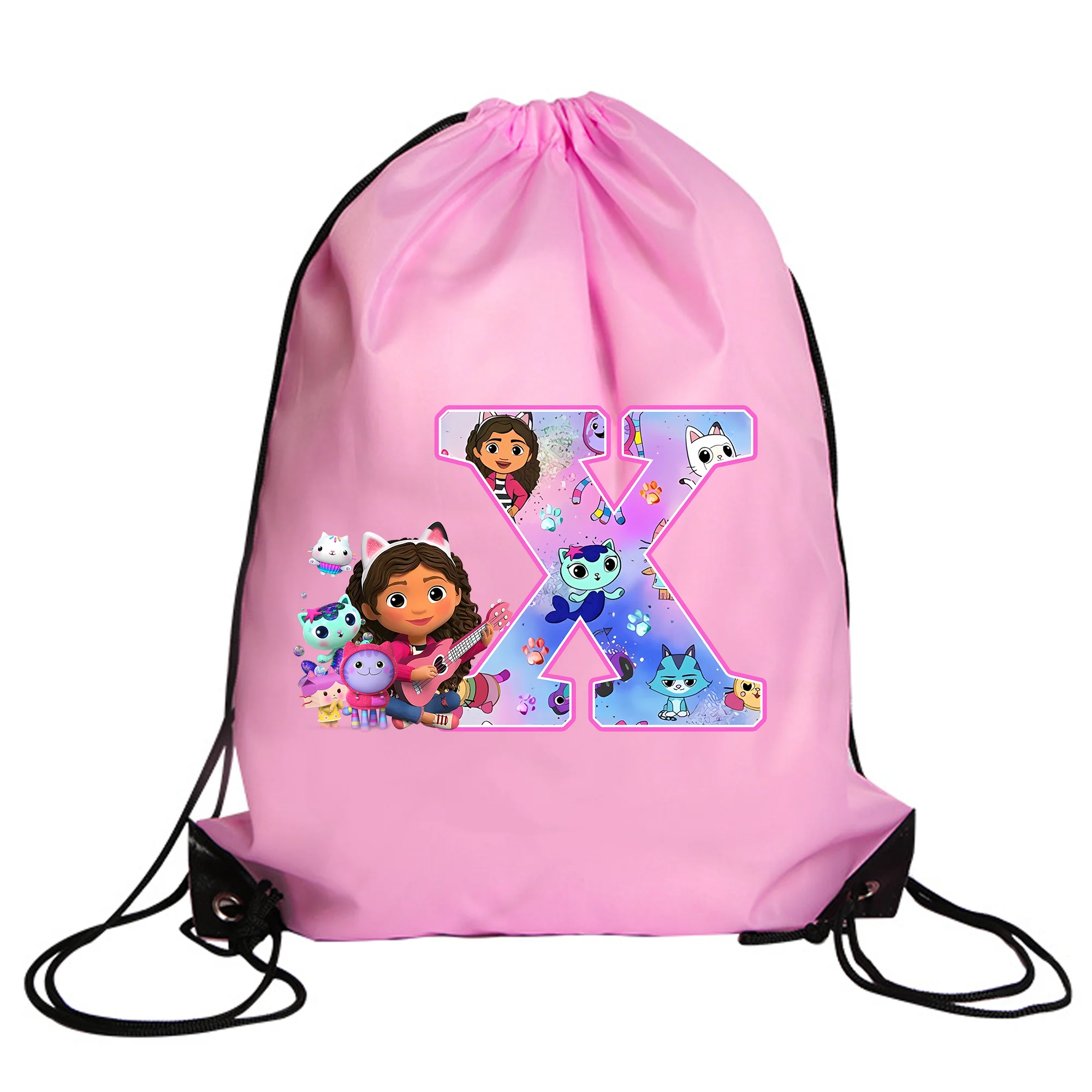 Gabby's Dollhouse Drawstring Bag, Bolsas de Cordas para Meninas, Piscina, Roupas, Armazenamento de Sapatos, Embalagem Impermeável, Mochila Rosa