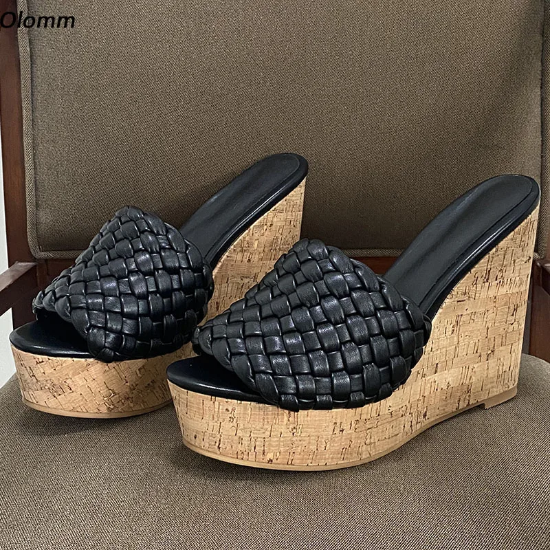 

Olomm Handmade Women Mules Sandals Faux Leather Comfort Wedges Heels Open Toe Elegant Black White Casual Shoes Size 35 45 47 52