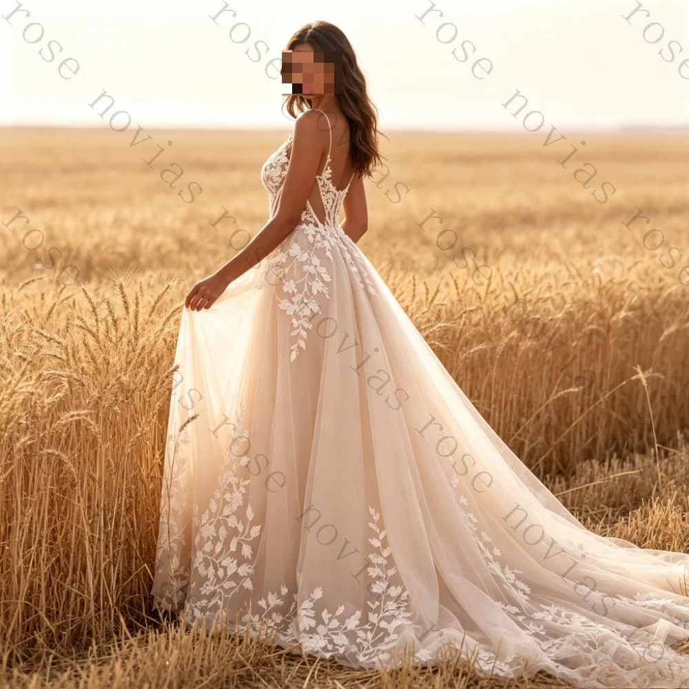 Customized Bohemian Flowy Long Train Elopement Bridal Gowns Spaghetti Strap Deep V Tulle A Line 3D Leaf Lace Wedding Dresses