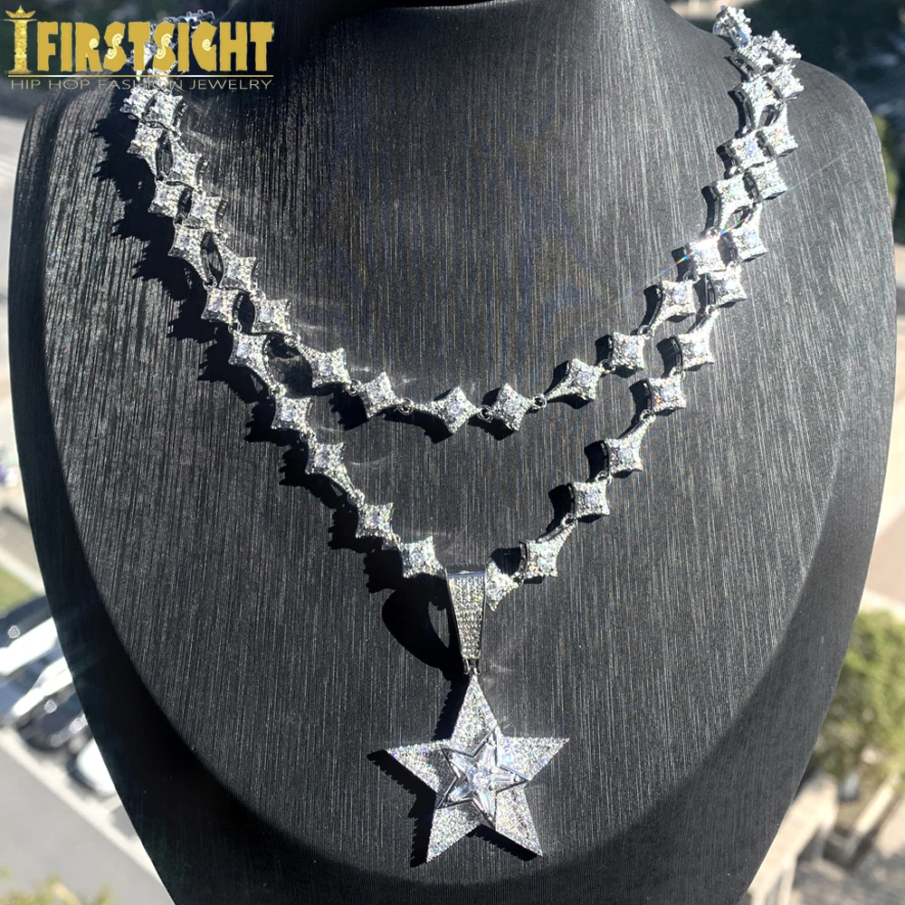 

Iced Out Bling CZ Star Pendant Necklace Silver Color Micro Paved CZ Tennis Chain Men Women Hip Hop Jewelry