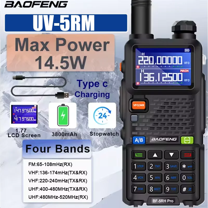 Baofeng 워키토키 FM 4 밴드 무선 복사 주파수, 양방향 라디오 업데이트 UV-5R, UV-5RM 3800mAh 배터리 USB-C, 10W, 999CH AM 