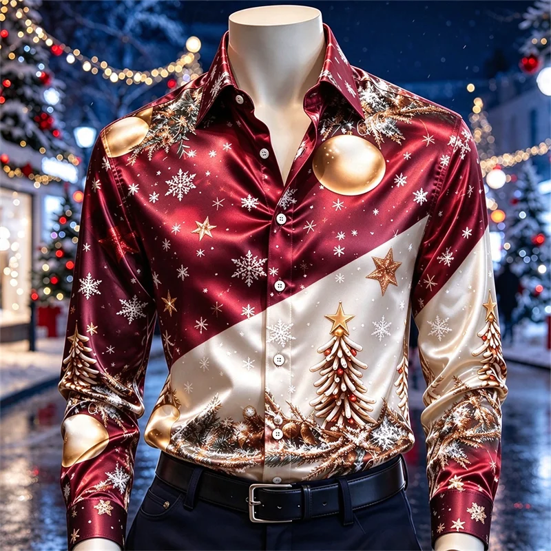 New men's long sleeved shirt, wine red rice Christmas tree snowflake pine cone print lapel Christmas shirt