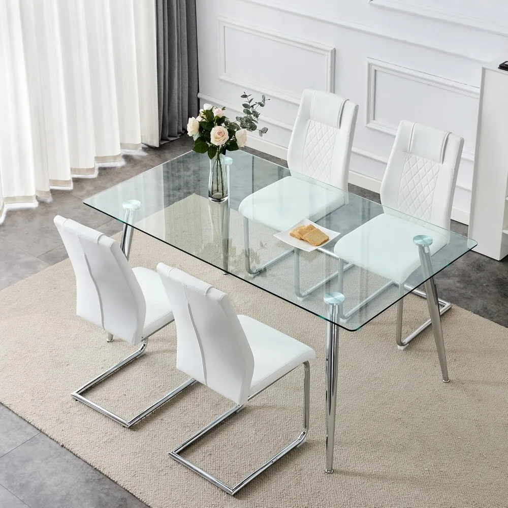 

Glass Dinings Table,Modern Dining Room Table, Kitchen Dining Table Chairs, Glass Dinings Table & Upholstered PU Leather Chairs