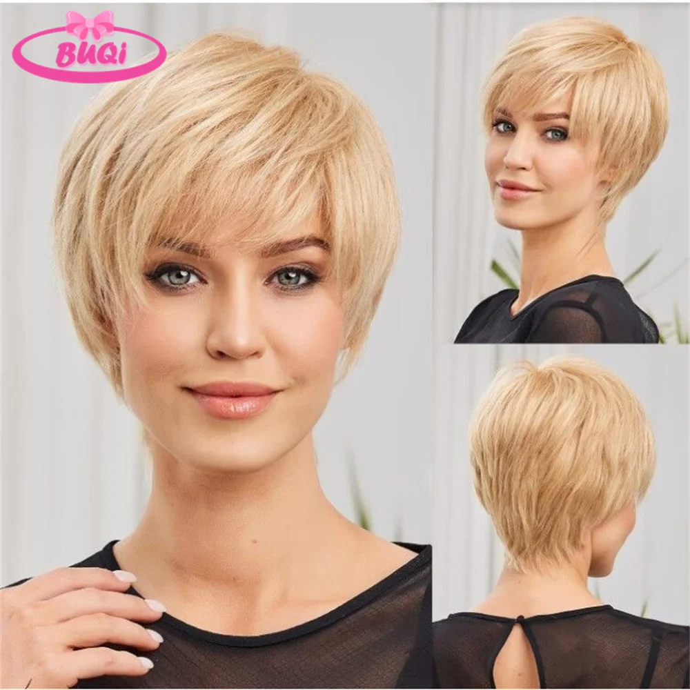 

BUQI Synthetic Hair Wigs Pixie Cut Straight Wigs With Bangs Creamy Blonde Layered Short Bob Wig for Women Hair Wig