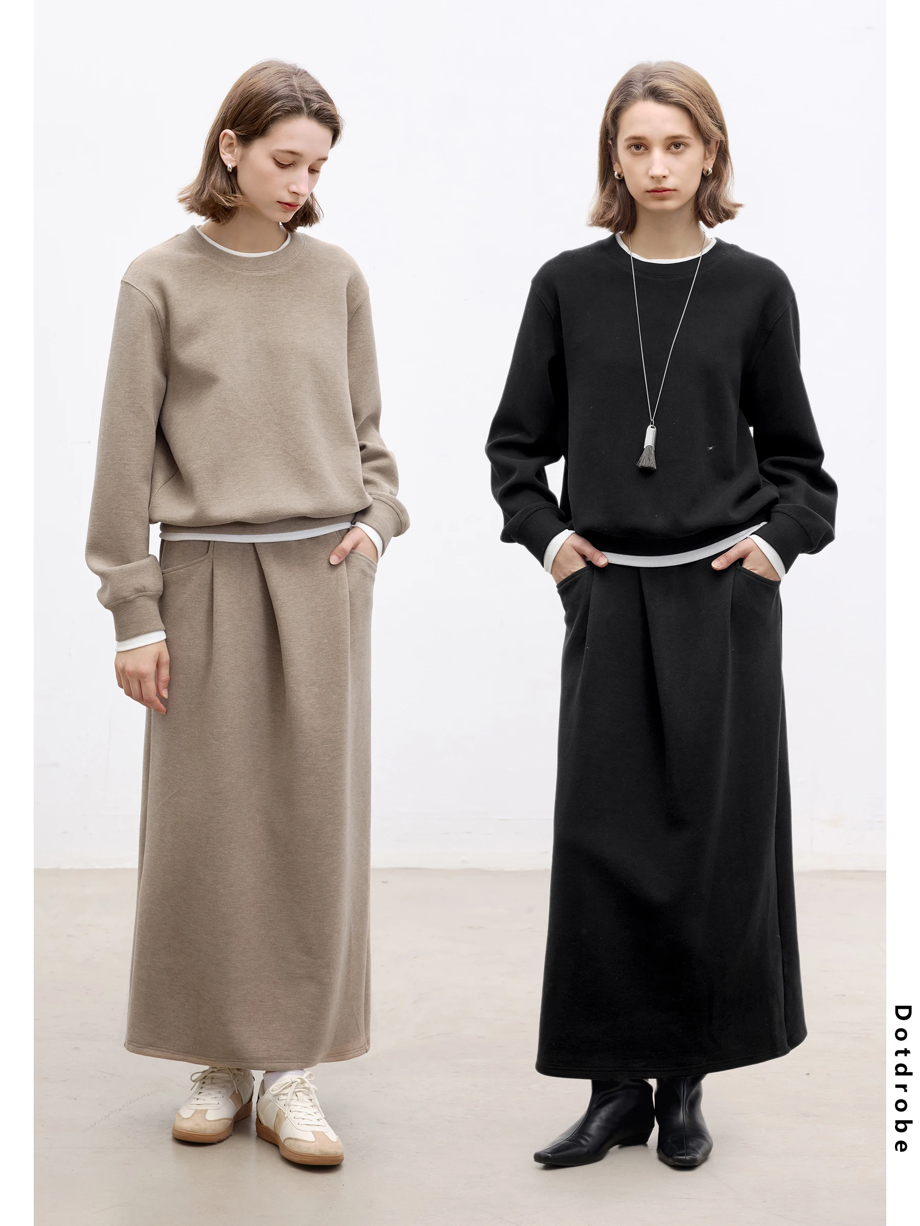 

Женский комплект DotDrobe: свитшот из шерстяной смеси с воздушной прослойкой и юбка, микроэластичный, с длинными рукавами, круглым вырезом, свободного кроя, модный ансамбль