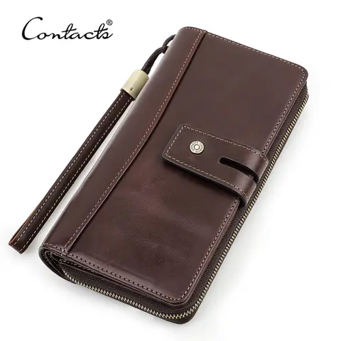 CONTACT'S genuine leather men long wallet with card holders male clutch zipper coin purse for cell phone business luxury wallets