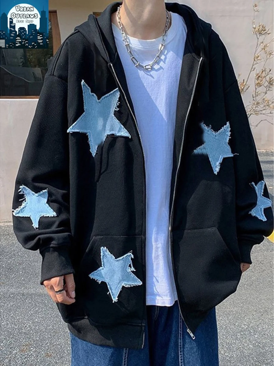 Gothic Y2K Star Printed Hoodies Women Harajuku Retro Hip Hop Zip Up Hoodie Loose Man Hoodie Jacket with Pocket Clothes