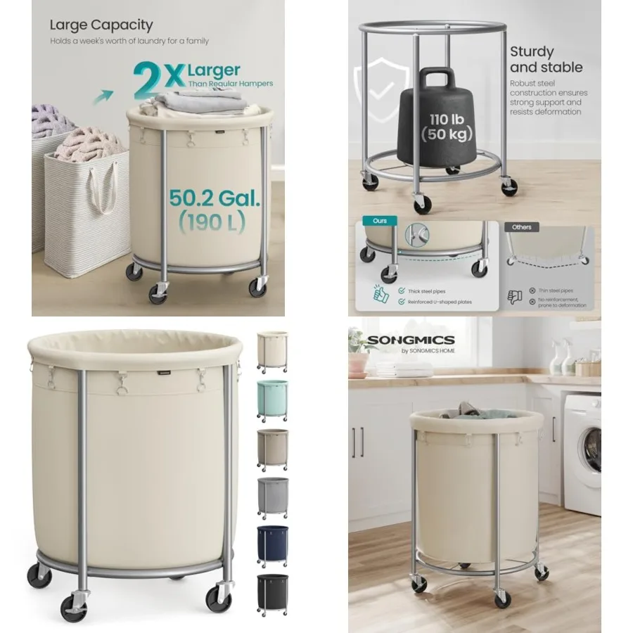 

50.2-Gaon aundry Basket with Whees, Rolling Round Heavy-Duty Laundry Hamper Cart with Steel Frame and Removable Bag, 2 Locking