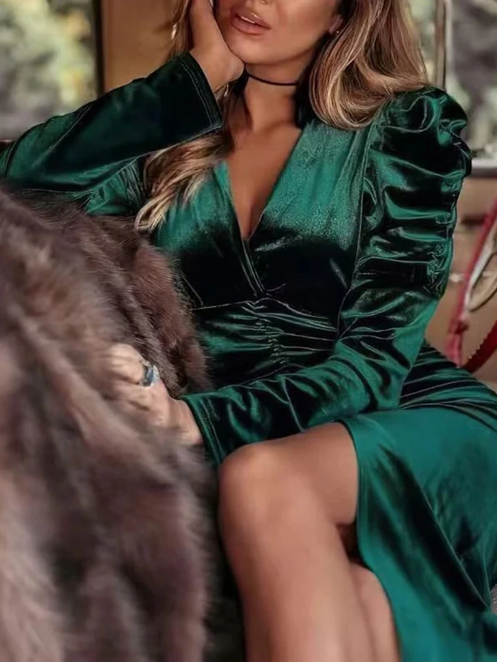 

Fall New Long Sleeve High Waist Banquet Dress Fashion Solid Color Split Women's Dress Sexy V-neck Pleated Velvet Wrap Hips Dress